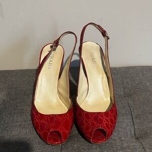 Prada Red Croc-Embossed Slingback Peep-Toe Heels